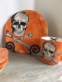Set 8 Maxcera Orange Halloween SKULL & BONES Dinner Plate + Mug Combo NEW