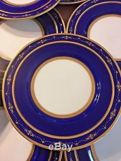 Set Of 12 Antique Minton Cobalt Blue And Raised Gold Trim 10-1/4 Dinner Plates