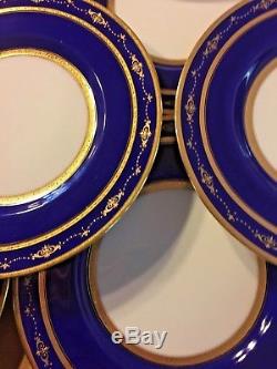Set Of 12 Antique Minton Cobalt Blue And Raised Gold Trim 10-1/4 Dinner Plates