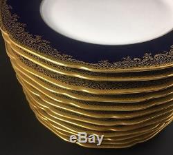 Set Of 12 Hutschenreuther Cobalt Gold Encrusted Dinner Plates Near Mint