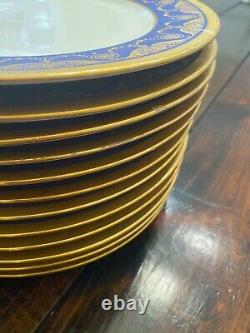 Set Of 12 William Guerin Limoges Cobalt/Raised Gold Encrusted Dinner Plate 11