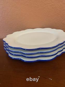 Set Of 4 Williams Sonoma AERIN Scalloped Dinner Plates Blue Rim New NOT CHARGES