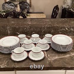 Set Of Williams-Sonoma BRASSERIE MAROON Porcelain Dinner Plates, bowls, cup JAPAN