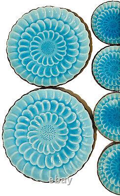 Set for 4 Visun China Turquoise Blue Crackle Flower Plates 9 Dinner & 5 Salad