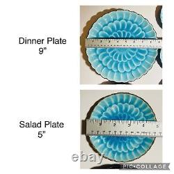 Set for 4 Visun China Turquoise Blue Crackle Flower Plates 9 Dinner & 5 Salad