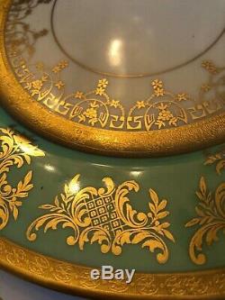 Set of 10 Antique Large Porcelain Dinner Plates with Green & Gold Decoration