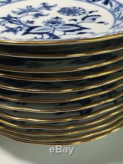 Set of 12 Antique MEISSEN Blue Onion Dinner Plates 10 with Gold Trim