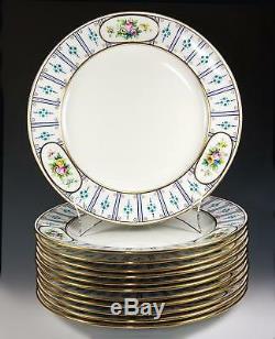 Set of 12 Antique Minton Dinner Plates, 10.25, Raised Enamel & Gold Rim c. 1916