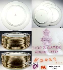 Set of 12 Antique Minton Dinner Plates, 10.25, Raised Enamel & Gold Rim c. 1916