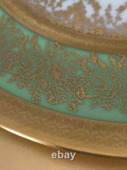 Set of 12 Antique Porcelain Dinner Plates w 22k Gold & Green borders Heinrich &