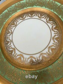 Set of 12 Antique Porcelain Dinner Plates w 22k Gold & Green borders Heinrich &