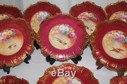 Set of 12 Coronet Limoges Dinner Plates Featuring French ROSES and GAME BIRDS
