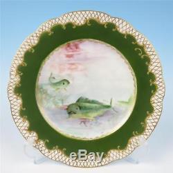 Set of 12 Haviland Limoges Hand Painted Fish Dinner Service Plates Gold Fishnet