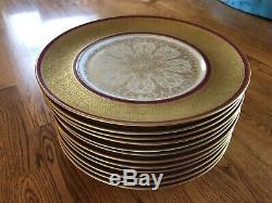 Set of 12 Limoges France Gold Encrusted Band China Dinner Plates Decal Red trim