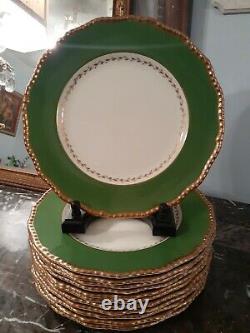 Set of 12 Royal Doulton Handpainted Banquet Dinner Plates Green Gold Rococo trim