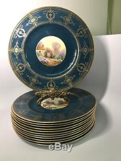 Set of 12 Signed Royal Worcester Hand Painted Blue & Gold Dinner Plates Z890