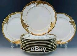 Set of 12 Vintage Walbrzych Wlb3 Dinner Plates 10.5 Gold encrusted Verge withblack