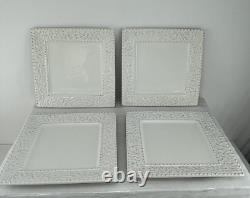 Set of 4 American Atelier Bianca Leaf Square Dinner Plates Raised Design 11 Sq