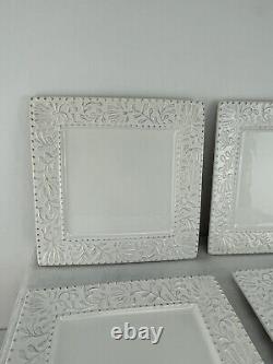 Set of 4 American Atelier Bianca Leaf Square Dinner Plates Raised Design 11 Sq