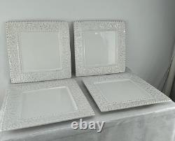 Set of 4 American Atelier Bianca Leaf Square Dinner Plates Raised Design 11 Sq