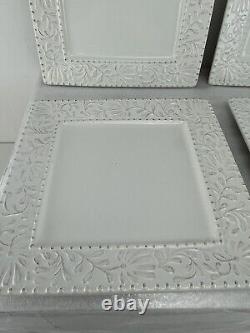 Set of 4 American Atelier Bianca Leaf Square Dinner Plates Raised Design 11 Sq