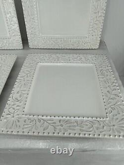 Set of 4 American Atelier Bianca Leaf Square Dinner Plates Raised Design 11 Sq