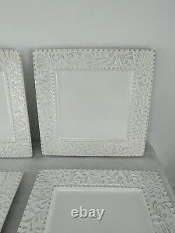 Set of 4 American Atelier Bianca Leaf Square Dinner Plates Raised Design 11 Sq