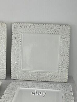 Set of 4 American Atelier Bianca Leaf Square Dinner Plates Raised Design 11 Sq