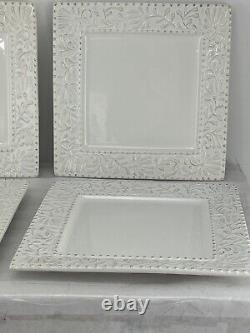 Set of 4 American Atelier Bianca Leaf Square Dinner Plates Raised Design 11 Sq