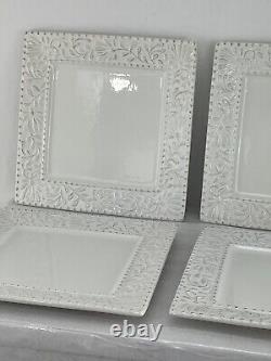 Set of 4 American Atelier Bianca Leaf Square Dinner Plates Raised Design 11 Sq