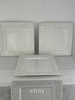 Set of 4 American Atelier Bianca Leaf Square Dinner Plates Raised Design 11 Sq