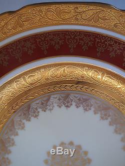 Set of 4 Gold Encrusted Raised Scroll Burgundy Wide Rim Dinner Plates Mint 10.5