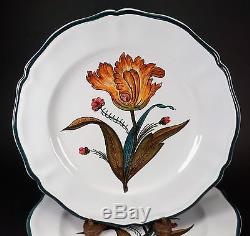 Set of 4 Large Flower Green Trim Dinner Plates Grazia Deruta Italian Pottery