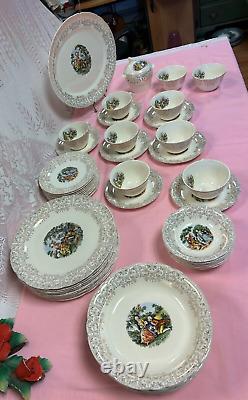 (Set of 49 PCS)-FRENCH SAXON CHINAUNION MADE U. S. A. 22 KT GOLD China Dinner Set