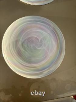 Set of 6 ARTISTIC ACENTS 11 GLASS IRIDESCENT DINNER PLATES WHITE PEARL SWIRL