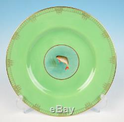 Set of 6 Antique Royal Worcester Hand Painted Fish Plates Green Gold Porcelain