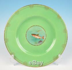 Set of 6 Antique Royal Worcester Hand Painted Fish Plates Green Gold Porcelain