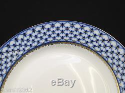 Set of 6 Dinner Plates 10.5 Lomonosov Pattern, Russian Cobalt Blue Net, 24K