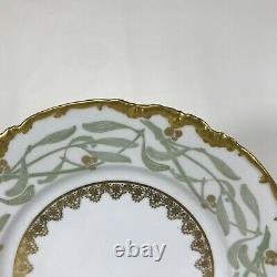 Set of 6 J. Pouyat Limoges Dinner Plates 9.75 Gilt Rim Bamboo Leaf Design
