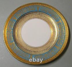 Set of 6 Shelley Blue and White Dinner Plate with Turquoise & Gold Encrusted Rim