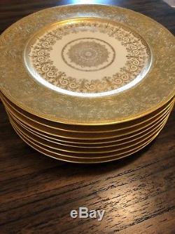 Set of 8 Heinrich & Co. Selb Bavaria Gold Encrusted Dinner Plates 11 Porcelain