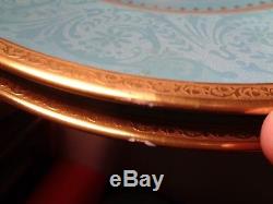 Set of 9 Faberge Limoges Porcelain Gold Incrusted Turquoise Dinner Plates 10.5