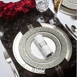 Shiny Silver Hammered Rim Disposable Plastic Plates Party Wedding Sets 120pcs