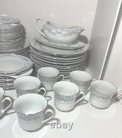 Somerset by Excel china 60 pc mixed set blue ribbon pastel flowers silver trim