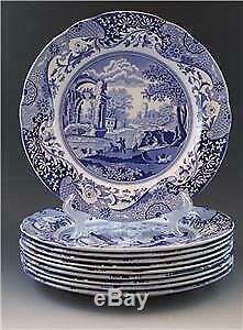 Spode Blue Italian Set of 10 Scalloped Dinner Plates Vintage English Porcelain