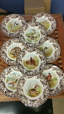 Spode Woodland set of NINE dinner plates including, Turkey, dogs and birds