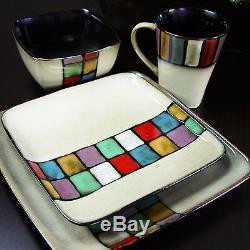 Square Dinnerware Set 16 Piece Dinner Plates Bowls Cups Kitchen Dishes For 4 NEW