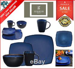 Square Dinnerware Set 16 Piece Dinner Plates Bowls Kitchen Stoneware Dishes Blue