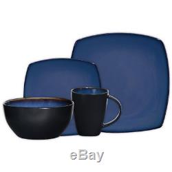 Square Dinnerware Set 16 Piece Dinner Plates Bowls Kitchen Stoneware Dishes Blue