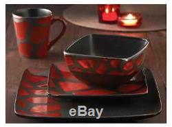 Square Dinnerware Set 16 Piece Earthenware Red Black Dinner Dishes Plates Modern